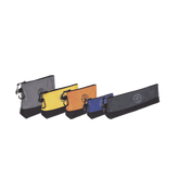 KIT 5 Bolsos Ultra Resistentes para Herramientas con Base y cierre Zipper, Colores: gris claro, amarillo, naranja, azul, gris oscuro. Todos con Mosquetones de Aluminio.