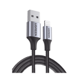 Cable USB-A a Lightning | 1 Metro | Certificado MFi | Carga Rápida 5V/2.4 A | 480 Mbps | Conector C94 | Adecuado para iPhone, iPad y iPod | Protección Integrada | Caja de Aluminio | Nylon Trenzado | Color Negro.