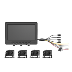 Sistema de Monitoreo Local / 4 Cámaras 1080p para Exterior (IP68) y Pantalla LCD de 7" a Color / Soporta Memoria Micro SD Hasta 512 GB / Soporta Cambio de Cámara al Dar Reversa al Vehiculo / Accesorios de Instalación