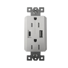 Contacto Dúplex con puertos USB Tipo A y C, 15 A, 100 - 240 V, USB 5 V, Incluye la Placa.