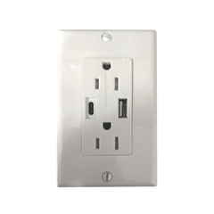 Contacto Dúplex con puertos USB Tipo A y C, 15 A, 100 - 240 V, USB 5 V, Incluye la Placa.