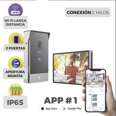 Videoportero IP Conexión a 2 Hilos / Con Monitor Wi-Fi para Interior / Frente de Calle IP65 Uso En Exterior Debe Tener Protección / Cámara 3 Megapíxel / Llamada a la App / Apertura remota / Soporta 2 Puertas / Ranura para Mic