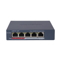 Switch PoE+ / Administrable / 4 Puertos 10/100 Mbps PoE+ / 1 Puerto 10/100 Mbps Uplink / Configuración Nube Hik-PartnerPro / Modo Extendido hasta 300 Metros / 45 W