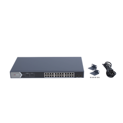 Switch Gigabit PoE+ / Administrable / 24 Puertos 1000 Mbps PoE+ / 2 Puertos SFP / Configuración Remota desde Hik-PartnerPro / PoE Extendido 250 Metros / 370 Watts