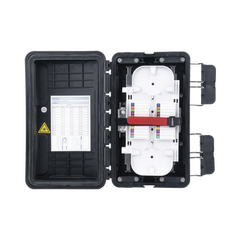 Caja de Distribución de Fibra Óptica, Hasta 96 Empalmes, Exterior IP65, Color Negro