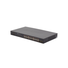 Switch PoE de 24 Puertos Gigabit 802.3af/at con Modo Extendido 250 m, 2 Puertos SFP 1000SX , Pantalla LCD para Configuración Básica, Hasta 300 W para PoE