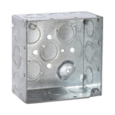Caja Cuadrada Galvanizada de 4" x 4", profundidad de 2 1/8". Cuenta con 10 KO de 1/2" y 6 TKO (1/2" - 3/4"))