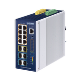 Switch Industrial Capa 3 de 8 Puertos 10/100/1000T PoE 802.3bt, 2 Puertos SFP 1 G/2.5 G, 4 Puertos SFP 10G, Instalación en Pared o Puerto DIN.