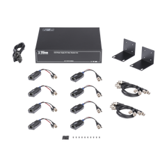 Kit de TRANSCEPTOR ACTIVO DE 8 CANALES / VIDEO+PODER en un solo Cable UTP / 150 metros en 4K, 200 metros en 5 MP/ Envía 36 Vcc y Recibe 12 Vcc / TODO INCLUIDO PARA RACK / Compatible con cámaras HD-TVI/CVI/AHD/CVBS / INSTALACIÓN LIMPIA