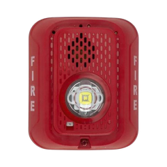 Sirena con Lámpara LED Estroboscópica / a 2 Hilos / Montaje en Pared / 24 Vcd / Configuración Estroboscópica Seleccionable / Texto en Inglés / Color Rojo