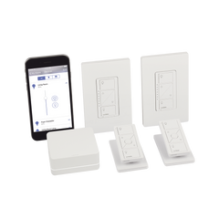 Kit de inicio de iluminación inteligente con hub Smart Bridge, 2 atenuadores de pared sin neutro, 2 controles Pico con pedestal de mesa y 2 placas, Caseta Wireless