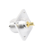 Conector UHF Hembra (SO-239) para Montaje de Chasis con 4 Hoyos a 18 mm, Terminal Soldable, Plata/ Oro/ Teflón.