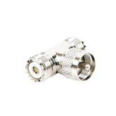 Adaptador en forma T, de Conector UHF Macho (PL-259) a Doble UHF Hembra (SO-239), Níquel/ Plata/ Delrin.