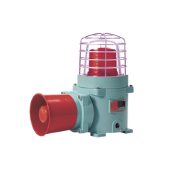 Combinación de baliza LED color Rojo con patrón fijo y flasheante con sirena electrónica, volumen máx. 120 dB para zonas peligrosas A 24 VCD