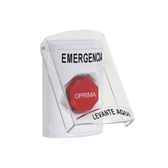 Botón Multipropósito, Color Blanco, De Superficie, Con Tapa De Policarbonato, Con Bocina Pre Alarma, Solo Interior, Llave Para Restablecer, Texto De Emergencia, Español