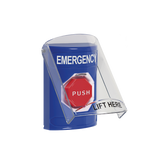 Botón Multipropósito, Color Azul, De Superficie, Con Tapa De Policarbonato, Con Bocina Pre Alarma, Para Interior, Llave Para Restablecer, Texto De Emergencia, Ingles