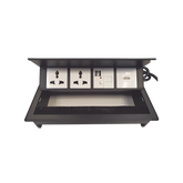 Caja Horizontal tipo Hub para escritorio color negro, con 1 Puerto HDMI Hembra-Hembra, 1 puerto RJ45 Cat6, 2 Puertos USB (Solo carga), y 2 Contactos eléctricos universales