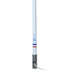 Antena marina VHF en fibra de vidrio con base de acero inoxidable en rango de 156 a 163 MHz. Incluye 10 metros de cable y conector PL-259 macho.