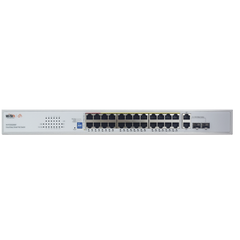 Switch PoE (802.3af/at/bt) / No administrable de largo alcance / Hasta 250m / Con 24 x 10/100Mbps + 2 x SFP Gigabit Combo / 250 W