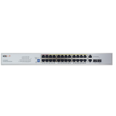Switch PoE (802.3af/at/bt) / No administrable de largo alcance / Hasta 250m / Con 24 x 10/100Mbps + 2 x SFP Gigabit Combo / 250 W