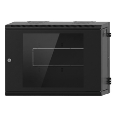 Gabinete Rackeable / 09 Unidades / Pared 19 Pulgadas / Puerta de Cristal / Acero Calibres 18-22 / Carga 80 kg / Dimensiones 634x632x468 mm (25x24.9x18.4 in) / Abatible 120° / Ventilación