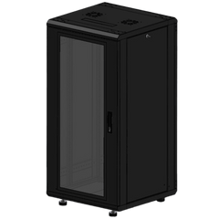 Gabinete Rackeable 19 Pulgadas / 24 Unidades / Piso / Puerta de Cristal / Acero Calibres 16-18-20 / Capacidad 750 Kg / Dimensiones 600x605x1190 mm (23.6x23.8x46.9 in) / Ventilación 120 mm / Cerradura