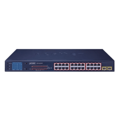 Switch PoE de 24 Puertos Gigabit 802.3af/at con Modo Extendido 250 m, 2 Puertos SFP 1000SX , Pantalla LCD para Configuración Básica, Hasta 300 W para PoE