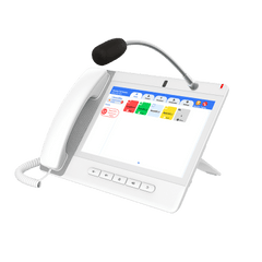 Teléfono IP Color Blanco Android 9.0 Empresarial para voceo 20 líneas SIP, pantalla táctil, Wi-Fi y Bluetooth, PoE, Voceo/ Musica por Multicast, puertos Gigabit, Sofware de Enfermeria