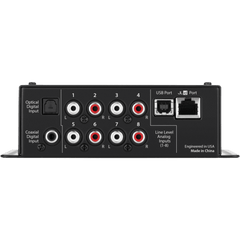 Procesador de Señal Digital (DSP) / 8 Canales de Entrada y 8 de Salida / Resolución 24 bit/48 kHz / Ajuste de Sistemas JL Audio TwK / Control de Nivel Remoto DRC-200 / Salida Óptica Toslink S/PDIF / Entrada Digital TwK-D8