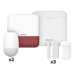 (AX PRO) KIT de Alarma AX PRO con GSM (3G/4G) / Incluye: 1 Hub con bateria de respaldo / 2 Sensores PIR / 3 Contactos Magnéticos mini / 1 Control Remoto / 1 Sirena estrobo Roja Inalambrica Exterior / WiFi / Compatible con Hik-Connect P2P