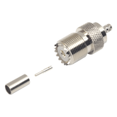 Conector UHF Hembra (SO-239) en Línea, de Anillo Plegable para Cable RG-58/U, RG-142/U, Níquel/ Plata/ Delrin.