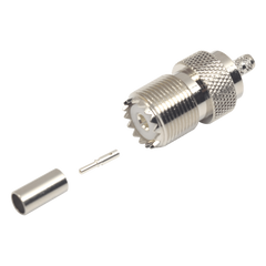Conector UHF Hembra (SO-239) en Línea, de Anillo Plegable para Cable RG-58/U, RG-142/U, Níquel/ Plata/ Delrin.