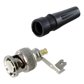 Conector BNC macho en 75 Ohm, para cable coaxial RG-59 / Con base de alivio negra de PVC, Níquel/ Oro/ PTFE.
