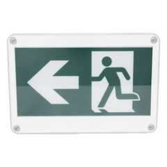 Letrero EXTERIOR de Señalización salida "Hombre Corriendo"/ Alto brillo / Uso en pared, lateral o techo / Batería de Respaldo Incluida con hasta 120 minutos de duración