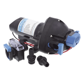 Bomba controlada por presión Par Max a 12 Vcd, caudal de 2 GPM, presión máxima 35 psi, para manguera de entrada con orificio de 38 mm (1½”), manguera de descarga con orificio de 25 mm (1”)