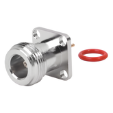 Conector N Hembra de Montaje de Panel con 4 perforaciones a 12.7 mm, soldable.