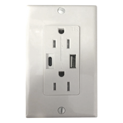Contacto Dúplex con puertos USB Tipo A y C, 15 A, 100 - 240 V, USB 5 V, Incluye la Placa.