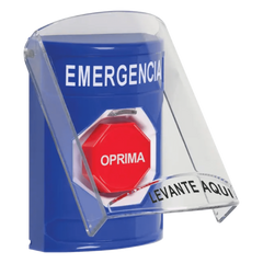 Botón Multipropósito, Color Azul, De Superficie, Con Tapa De Policarbonato, Sin Bocina Pre Alarma, Solo Interior, Llave Para Restablecer, Texto De Emergencia, Español
