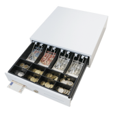 Cajón para Efectivo / Serie MK / Compacto 330 mm / 4 Billetes + 8 Monedas / Apertura RJ12 / Clips Metálicos / Punto de Venta