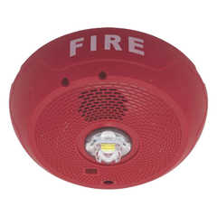 Sirena con estrobo LED de 2 hilos para techo, 24 Vcd, candela seleccionable hasta 177 cd, puntos de prueba DVM, color rojo