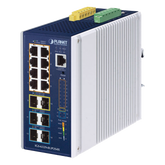 Switch Industrial Capa 3 de 8 Puertos 10/100/1000T PoE 802.3bt, 2 Puertos SFP 1 G/2.5 G, 4 Puertos SFP 10G, Instalación en Pared o Puerto DIN.