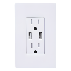 Tomacorriente dúplex 15 A 125 V con dos puertos USB tipo A de 3.8 A combinados, resistente a manipulaciones, estilo Designer Claro en color blanco