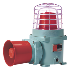 Combinación de baliza LED color Rojo con patrón fijo y flasheante con sirena electrónica, volumen máx. 120 dB para zonas peligrosas A 24 VCD
