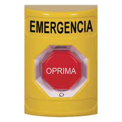 Botón de Emergencia en Español, Color Amarillo, Acción Mantenida, Girar para Restablecer y LED Multicolor
