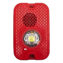 Sirena con Lámpara LED Estroboscópica / 2 Hilos / Montaje en Pared / 16 a 24 Vcd / Configuración Estroboscópica Seleccionable / Texto en Inglés / Color Rojo / Uso exterior