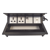 Caja Horizontal Tipo Hub para Escritorio Color Negro, con 1 Puerto HDMI Hembra-Hembra, 1 Puerto RJ45 Cat6, 2 Puertos USB (Solo Carga), y 2 Contactos Eléctricos Universales