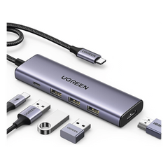 HUB USB-C (Docking Station) 5 en 1 | HDMI 2.0 4K@30Hz | 3 USB-A 3.0 (5Gbps) | USB-C PD Carga 100W | Potente Disipación de Calor | Chip de Ultima Generación | Cable de Nylon Trenzado de 25 cm | Carcasa de Aluminio.