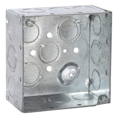 Caja Cuadrada Galvanizada de 4" x 4", profundidad de 2 1/8". Cuenta con 10 KO de 1/2" y 6 TKO (1/2" - 3/4"))