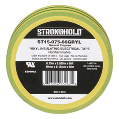 Cinta Eléctrica STRONGHOLD para Aislar, de PVC, Uso Construcción General en Tierras Físicas, Grosor de 0.13 mm (5 mil), Ancho de 19.05 mm, y 20.12 m de Largo, Color Amarillo/Verde.
