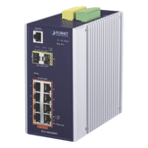 Switch Industrial Administrable Capa 2, 8 puertos PoE Gigabit 802.3af/at, 2 Puertos SFP de 1 / 2.5 Gigabit, Entrada de Voltaje Secundaria para Fuente Redundante